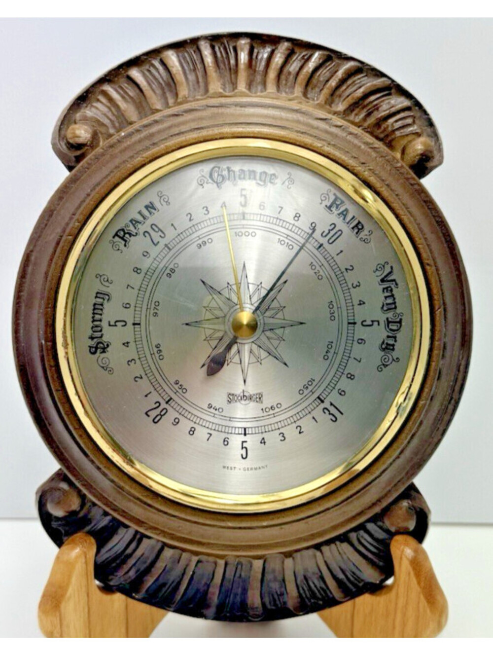 Vtg Brass Scroll Stockburger Wall Barometer West Germany Dark Wood Tone